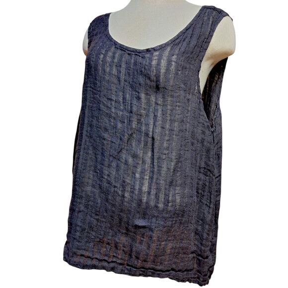 FLAX 100% Linen striped tank top black semi sheer size large flowy Lagenlook - Picture 2 of 8